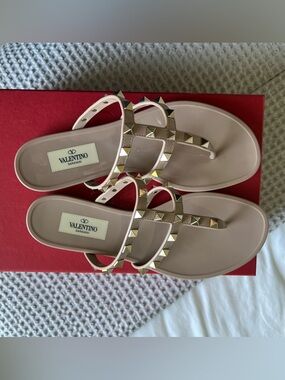 Valentino Nude Jelly Rockstud Thong Sandals with Gold Studs